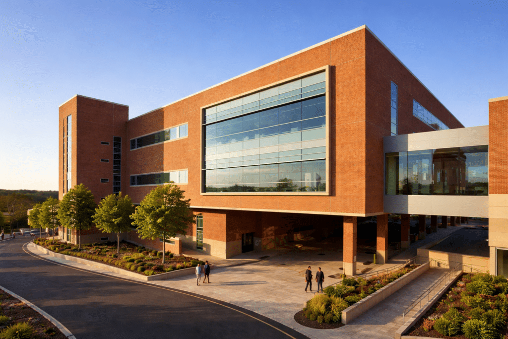 Johns Hopkins Proton Therapy Building at sunset